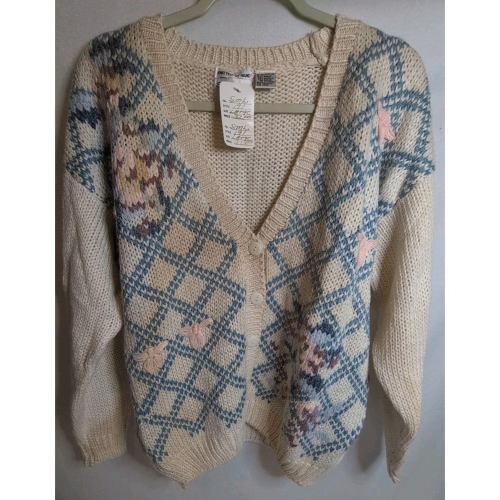 Vintage Hand Knitted Women's Floral Cardigan Multicolored Size Large With Tags